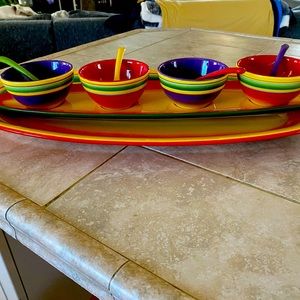 Laurie Gates Sombrero Serving Tray and Bowls and spoons hand painted 23”